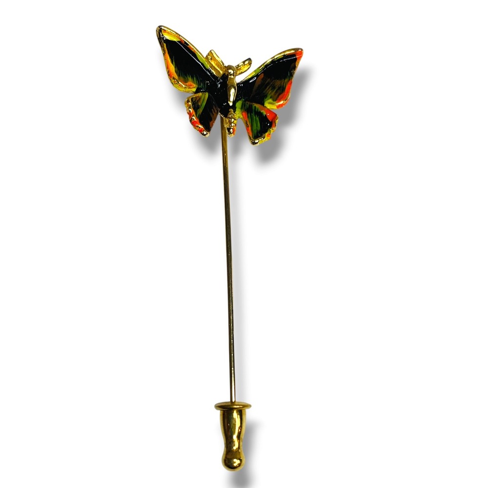 Vintage Butterfly Stick Pin 2.5" Goldtone Enameled Multicolor Wings